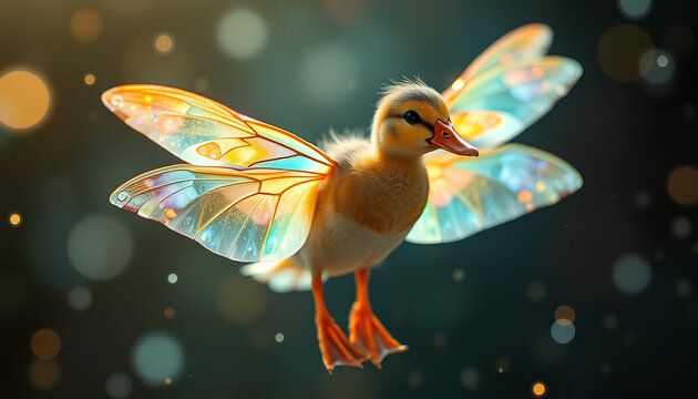 Duck&ndash;Butterfly Hybrid. A delicate duck&ndash;butterfly hybrid with colorful translucent wings, surrounded by glowing particles, dreamy fantasy atmosphere
