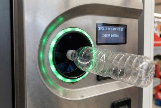Close up of an empty plastic bottle in a modern recycling return machine