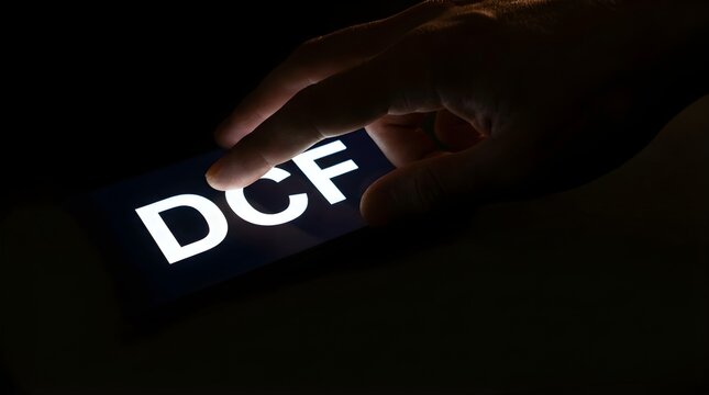 Discounted cash flow analysis concept displayed on smartphone screen in dark office environment setting