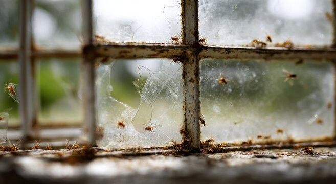 Weathered silver metal window frames with cracked and peeling paint showing rust and grime
