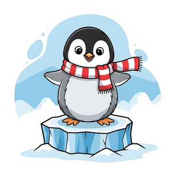 Cute cartoon penguin holding a gift box illustration.