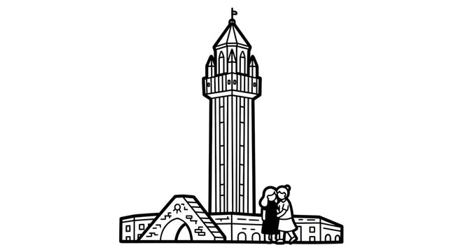 Illustrated Medieval Clock Tower with Couple Dancing Below.