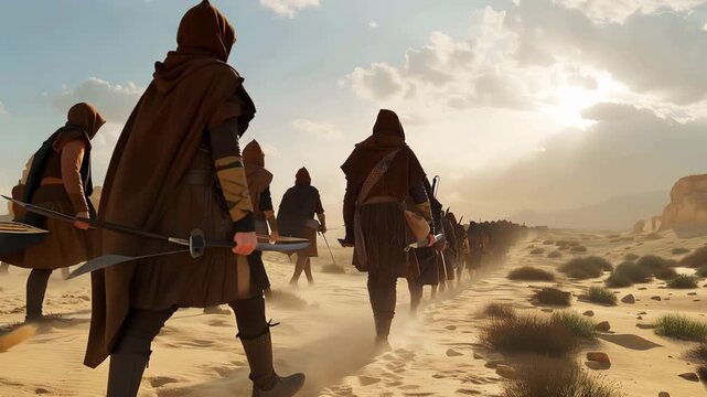 Ancient Aramean Soldiers Advancing Across the Wilderness For Attacking, Blockade and Ambush the Israel Army