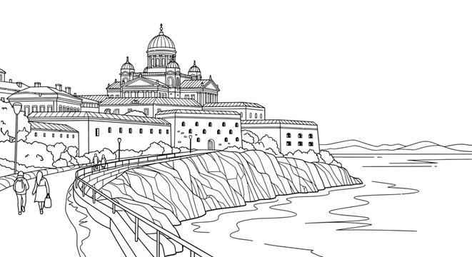 Seaside cliffside cathedral city with historic coastal architecture.
