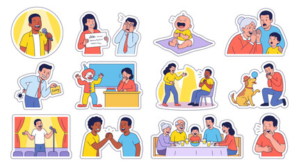 Fototapeta premium Collection of diverse cartoon stickers depicting various human interactions and emotions.