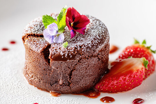 Chocolate Lava Cake with Strawberry and Edible Flower Garnish. AI generative.