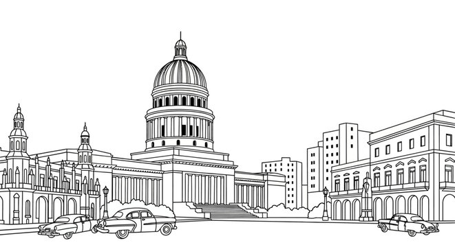 Detailed Line Drawing of Historic Capitol Building and Urban Streets.