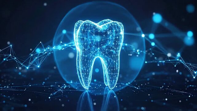 A glowing digital wireframe model of a human tooth structure