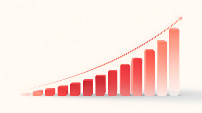 Professional 3d bar graph showing exponential growth with red rising arrow for financial success.