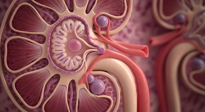 Detailed 3D Medical Illustration of Human Kidney Anatomy with Blood Vessels and Nephron Structure