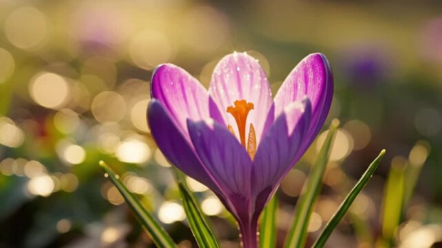 High detail cinematic footage of a delicate crocus flower in soft morning sunlight realistic purple petals gently moving in the breeze translucent floral textures and subtle glowing highlights dreamy 