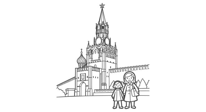 Illustrated children standing near historic clock tower building.