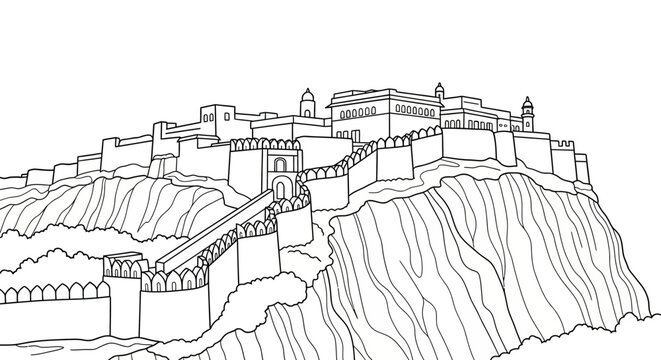 Ancient Hilltop Fortress with Massive Stone Walls and Towers.