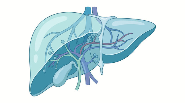 Anatomical illustration of the human liver and gallbladder, showcasing vascular and biliary structures