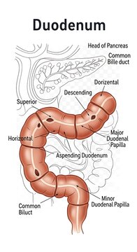 Anatomical diagram of human duodenum with labels.