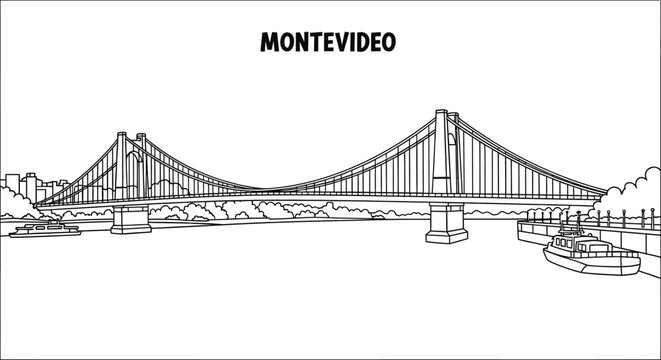 Detailed line drawing of Montevideo iconic suspension bridge.