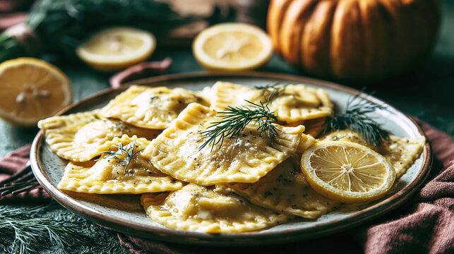 Pumpkin Ravioli with Ricotta Cheese and Lemon Rustic Autumn Food Still Life AI Generative