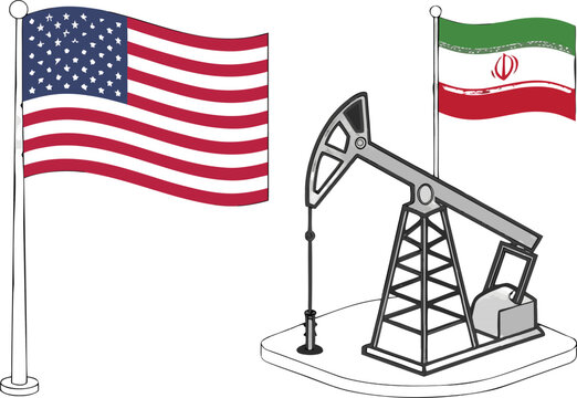 Middle East energy market tensions illustrated by oil pump jack positioned between U.S. and Iranian national flags.