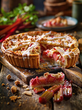 Homemade Rhubarb Pie with Golden Crust and Fresh Filling. AI generative.