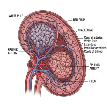 Detailed anatomical diagram of human spleen cross section.