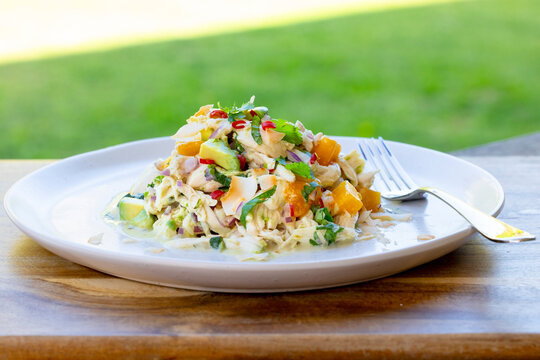 Chicken and avocado mango salad with coconut dressing, perfect for a healthy summer lunch
