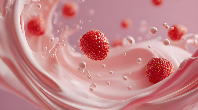 Raspberry yogurt splash with flying raspberries and milk drops, healthy food concept, dynamic motion.