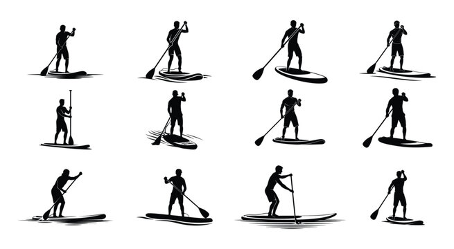 Set of black silhouettes of people stand up paddle boarding