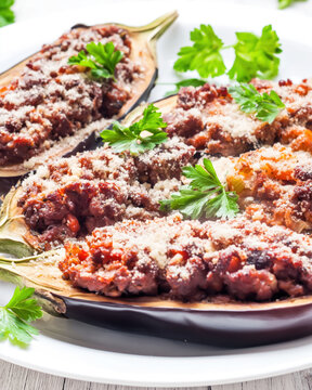 Stuffed Eggplant with Minced Meat and Cheese. AI generative