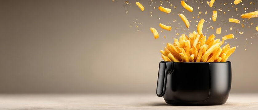 Crispy French Fries in Air Fryer Basket with Hand &ndash; AI Generative