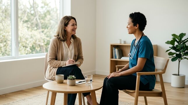Two women, a patient and a healthcare professional, engage in a private consultation in a bright, modern office setting.