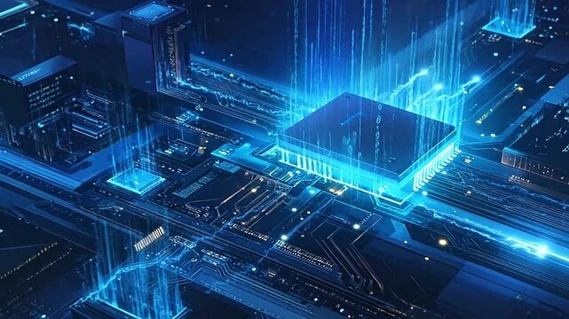 A glowing digital processor on a complex electronic circuit board