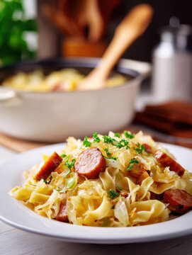 Traditional Polish Łazanki with Sauerkraut and Sausage &ndash; Homemade Comfort Dish. AI generative.