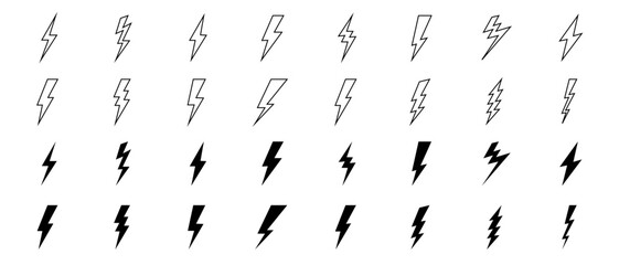 Obraz premium Lightning bolt vector icon set, black lightning icon designs on white background, Symbols of energy, power, electric storm, flash charge, ideal for web, print, logo design.