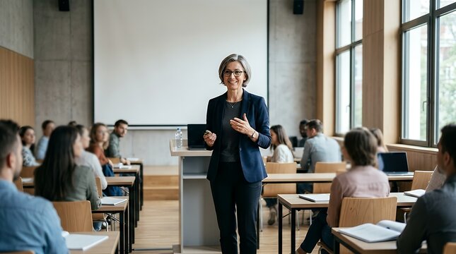A smiling female professor delivers a lecture to a diverse group of students in a modern university classroom with a large projection screen and natural light.