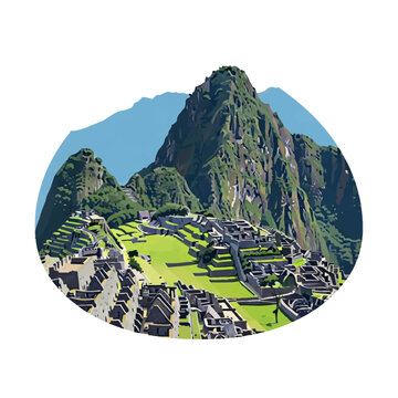 Vector illustration of the Machu Picchu Inca ruins and citadel in the Andes mountains of Peru, featuring Huayna Picchu, agricultural terraces, and stone buildings on white.