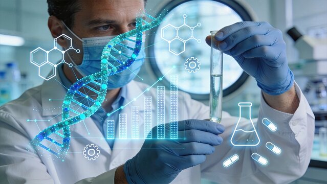 Scientist analyzing DNA structure and chemical compounds in laboratory, biotechnology research, genetic engineering, pharmaceutical development, holding test tube with futuristic