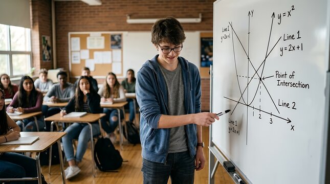 A male high school student explains a math problem involving linear equations and their intersection point on a whiteboard to his classmates in a classroom setting.