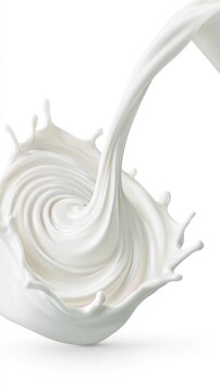 Creamy white milk splashing and swirling in a smooth, dynamic motion against a white background.