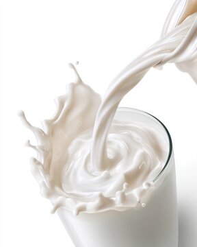 Creamy milk splashes as it is poured into a glass, creating dynamic waves and droplets against a clean white background.