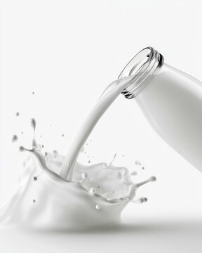 Milk pours from a glass bottle, creating a dynamic splash against a white background.