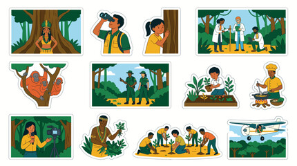Fototapeta premium People engaged in various activities related to nature science and community in a jungle setting.