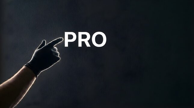 Professional hand wearing black latex glove pointing at the word pro on a dark textured background surface