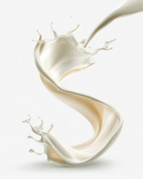 Creamy white liquid swirls in mid-air, forming an elegant, twisting splash pattern with droplets dynamically suspended against a light background.