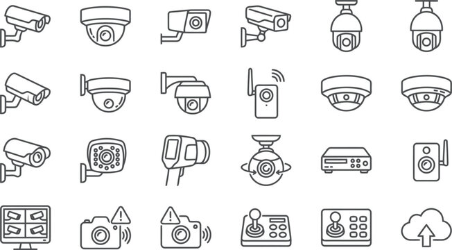 Collection of CCTV Security Camera Icons and Surveillance Technology Elements