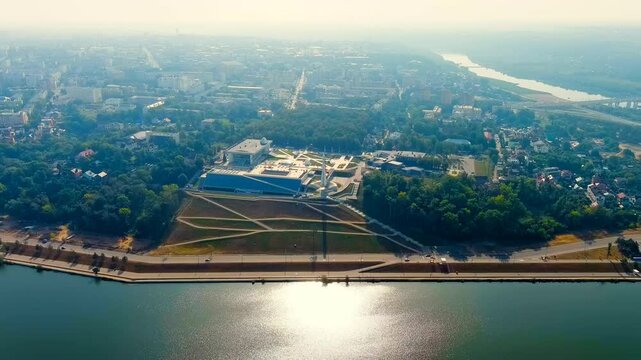 Kaluga, Russia. Tsiolkovsky State Museum of the History of Cosmonautics, its angular concrete and glass facade and towering Vostok rocket monument. Drone footage, Point of interest