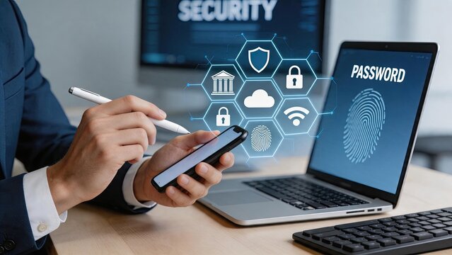 Cyber security and data protection concept showing password authentication, biometric fingerprint scan and secure login on laptop and smartphone devices.