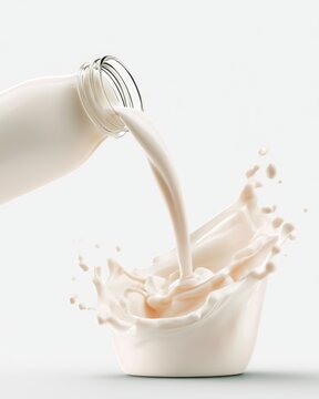 Fresh milk pouring from a glass bottle into a splash-filled glass against a white background.