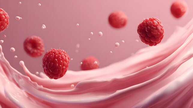 Ripe raspberries splashing into creamy pink liquid, dynamic food and drink photography.