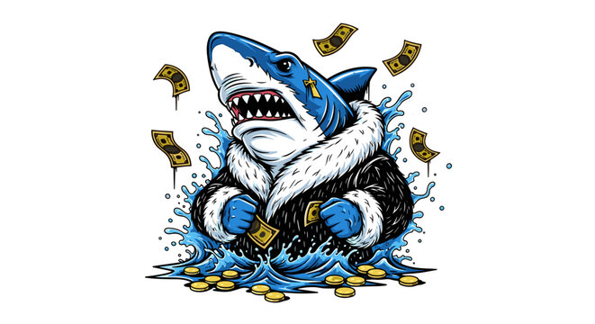 Cartoon Shark Wearing Fur Coat Surrounded by Money.