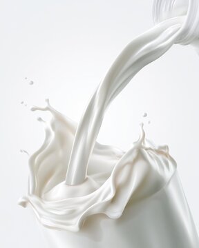 White milk is being poured into a glass, creating a dynamic splash effect captured in mid-motion.